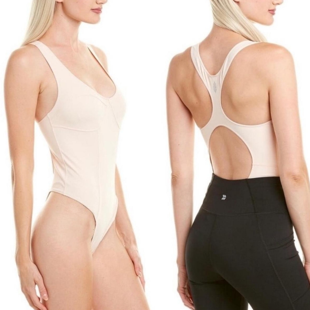 NWOT FREE PEOPLE MOVEMENT BARE IT ALL LEOTARD BODYSUIT, XSMALL, ICED PEACH